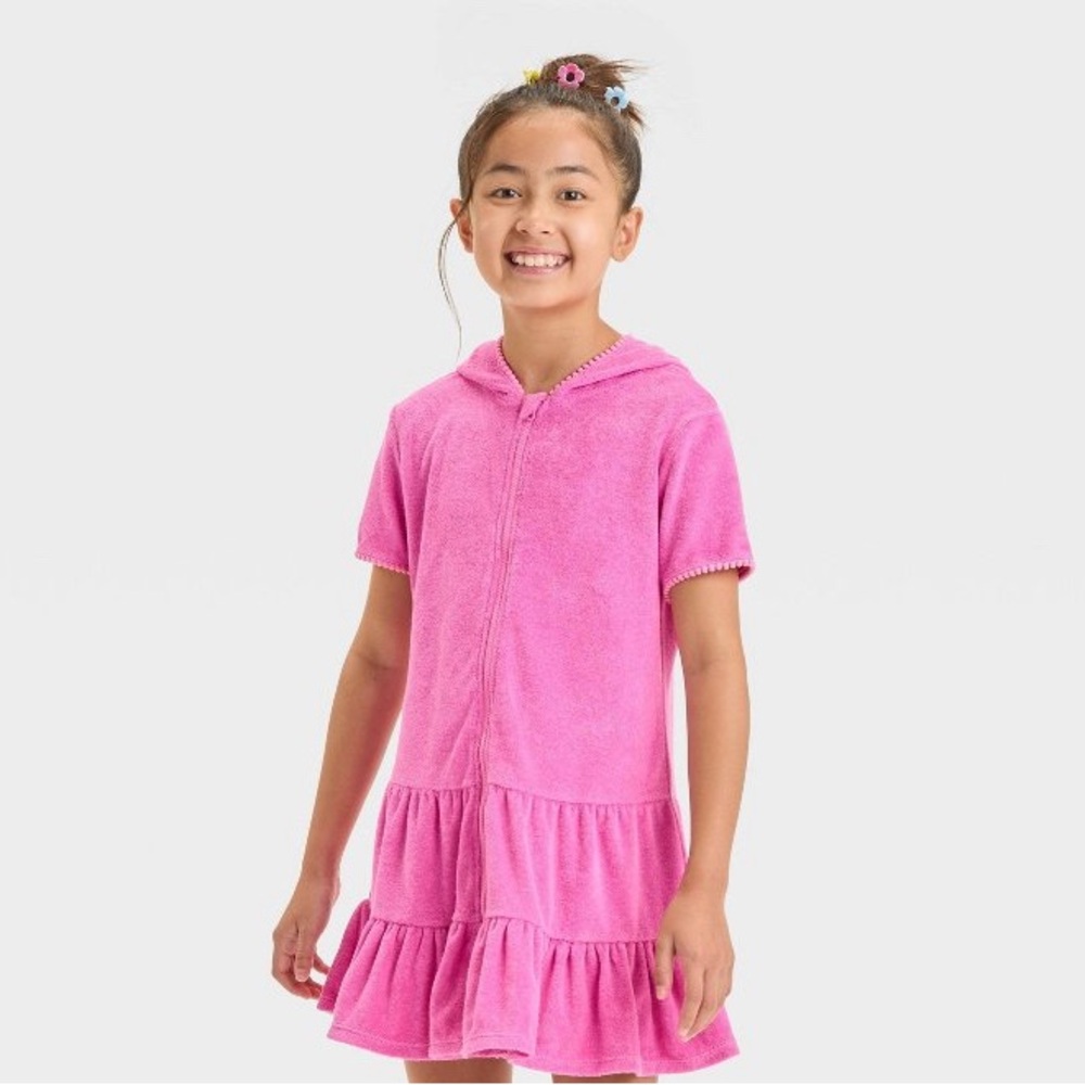Cat & Jack Girls Solid Short Sleeve Cover Up Dress in Pink Terry